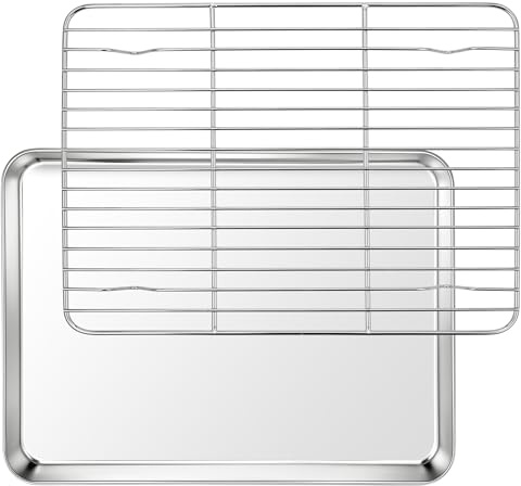 Homikit bakplåt i rostfritt stål med kylgaller, rektangulära bakplåtar med bakgaller, kakgaller, 31,5 x 24,6 x 2,5 cm, högglanspolerad kakplåt för bakning stekning, servering, hälsosam och