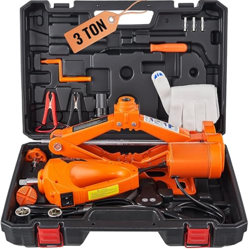 3T 12 V Elektrischer Scherenwagenheber mit Schlagschrauber (450 Nm), Automatischer Wagenheber für Reifenwechsel, 1 Set inkl. Werkzeugkoffer & Handkurbel für Pkw SUV & Notfall (170-420 mm)