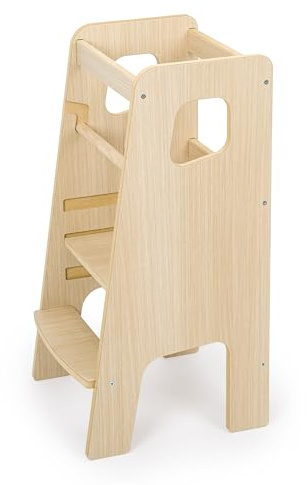 OBUBU Lernturm ab 1 Jahr für Kinder, Montessori Tritthocker mit 2 Stufen und 3-stufige Höhenverstellung, Kinderhocker aus Holzwerkstoff, Hochstuhl Baby Learning Tower, Küche Kinderzimmer, Eiche