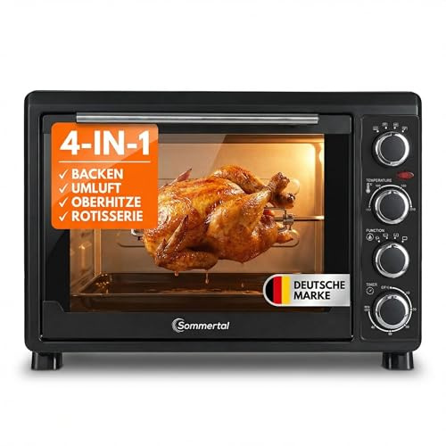 Sommertal Minihorno de 30 litros con pincho giratorio y recirculación, 1500 W, 100 – 230 °C, temporizador de 60 minutos, mini horno, pequeño horno para hornear, asar y pizza, horno de camping, incluye