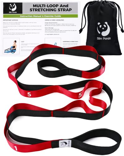 Slim Panda Yoga Strap with 12 Numbered Loops for Stretching, Non-Elastic | Stretch belt for physiotherapy and Pilates; leg stretcher for flexibility, padded ends, bag and guide, 220 x 3.8cm.