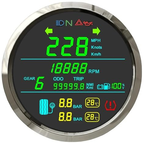 Misuratore Di Pressione Pneumatici Da 85 Mm, Mph, Kmh, Nodi, Contagiri, Contachilometri, Indicatore Di Tensione E Livello Carburante, Per Moto. Contachilometri