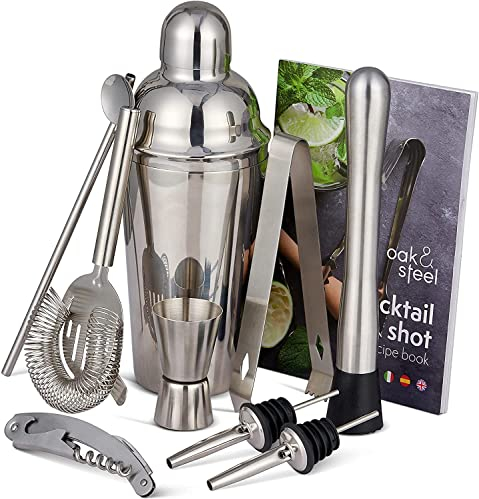 Oak & Steel - 10 Pièces Ensemble-Cadeau Shaker à Cocktail Professionnel en Acier Inoxydable - Kit Barman avec Livre de Recettes Cocktail & Shot - Cadeau de Noël