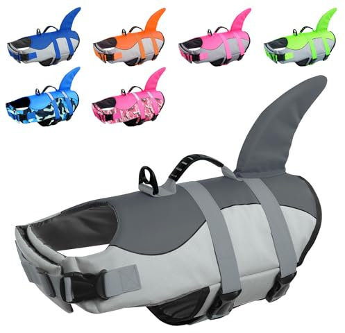 CITÉTOILE Schwimmweste Hunde Hai, Leicht und Sicher für Wassersport, hundeschwimmweste mit Griff und Reflektierend für Kleine Mittlere und Große Hunde, Grau, M