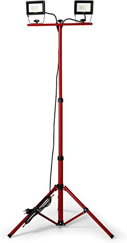 VELAMP IS747-3 Proyector LED sobre trípode, 2 x 20 W, rojo, cable 3 m, IP65, hasta 176 cm de altura. Uso exterior: ideal para obras, garajes, jardines.