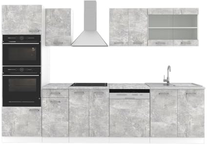 Vicco Küchenzeile R-Line, Beton, 300 cm | 8 Module · Höhenverstellbare Füße · Ohne Arbeitsplatte · Robuste Fronten · Mit Backofen-/Mikrowellenschrank