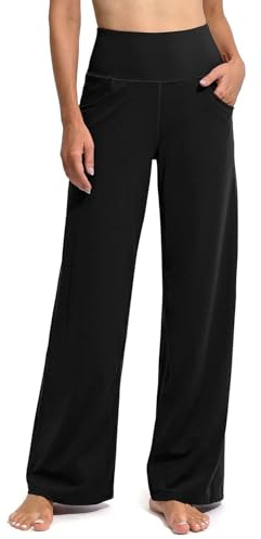 G4Free Yoga Hose Damen Weites Bein Hohe Taille Yogahose mit Taschen Jogginghose Strecken Locker lässig Sporthose(Regular,Schwarz,M)