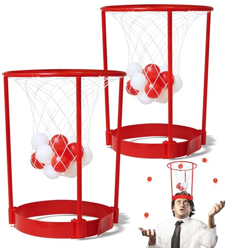Novelty Place Head Basketballkorb Party-Spielset für Kinder und Erwachsene - Verstellbares Basketball-Stirnband mit 20 Bällen - Rot & Weiß