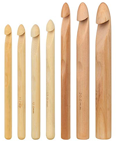 Coopay Set di Uncinetto in Legno, Grandi Dimensioni, 25/20/15/13/12/11/10 mm, Enormi Uncinetto per Lana Super Grossa, Filato Spesso o Coperta per Tappeti, Lunghezza 20cm
