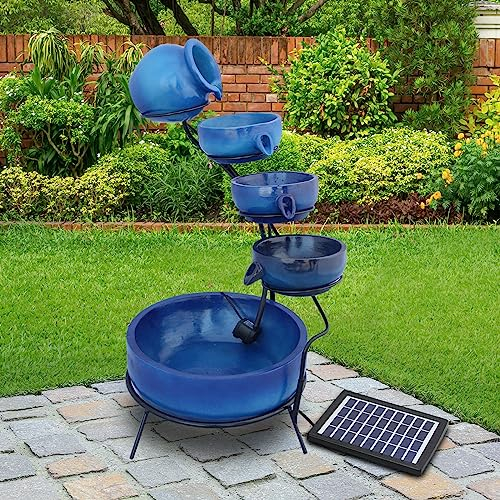Water Feature Garden Fountain Solar Powered Outdoor Garden Cascade Ornament Decor Patio Resin Blue Freestanding Cascading 4 Tier Spilling Bowls