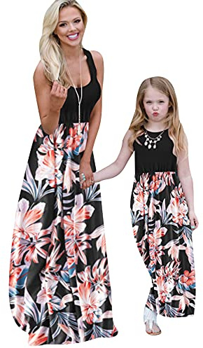 OMZIN Mama und ich Maxilangkleid Stitching Blumenmuster Kleider Familiekleidung Partykleid Strandkleid Mutter und Mädchen