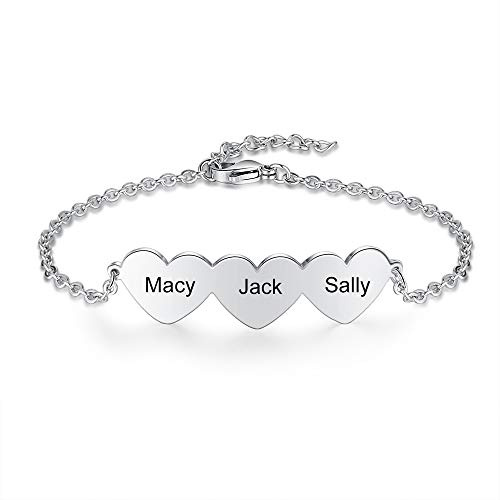 Lam Hub Fong Armband Frauen mit 2~5 Herzanhänger Personalisierte Damen Fußkettchen mit Namen Graviertes Armband Verstellbares Geschenk für BFF Mädchen Dame Frau Mama (3 Herzanhänger)