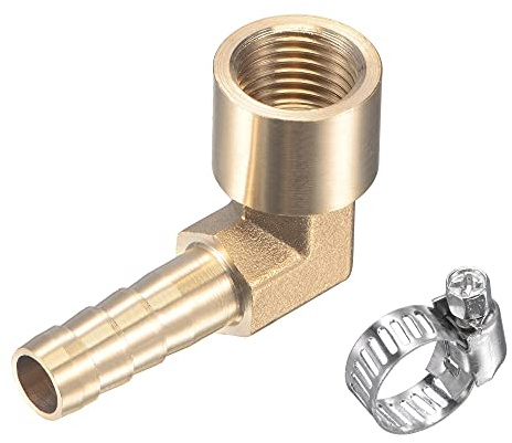 sourcing map Brass Hose Barb Fitting Elbow 8mm x G1/4 Female Thread Right Angle Pipe Connector with Stainless Steel Hose Clamp