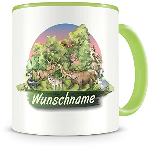 Samunshi® Kindertasse mit Namen Tasse Waldtiere Personalisierte Tasse mit Namen Kinder Kinderbecher personalisierter Text Wunschtext Kindergarten grün 300ml