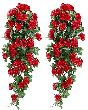 Blumen Künstlich,Yiyifor 2 pcs Künstliche Hängepflanzen Künstliche Blumen Rosen Rot für Außen- und Innenhochzeit Wand Dekoration (Rot)
