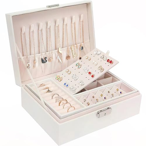 BELSVOR Schmuckkästchen für Damen und Mädchen, 2-lagige Schmuckschatulle, Abschließbare Schmuckaufbewahrung mit Schlüssel, Wasserdichtes Lederschmuckkästchen, Schmuckkästchen zur Aufbewahrung