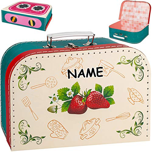 alles-meine.de GmbH Koffer/Kinderkoffer - GROß - süße Erdbeere & Kochfeld - inkl. Name - 29 cm - ideal für Spielzeug und als Geldgeschenk - Pappkoffer - Puppenkoffer - Kinder -..
