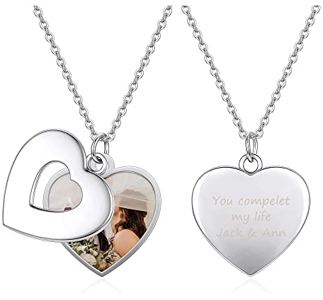 Zysta Personalisierte Kette mit Foto & Text Gravur Herzkette Medaillon Anhänger für Damen Frauen (Herz)