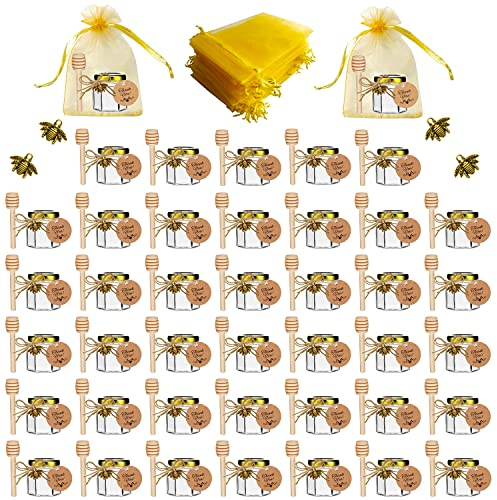 40 Pack 1.5 OZ hexagonal Mini pot de miel en verre avec cuillère en bois, couvercle en or, pendentif abeille, sac cadeau, carte de remerciement - parfait pour les cadeaux de bébé, mariages et fêtes