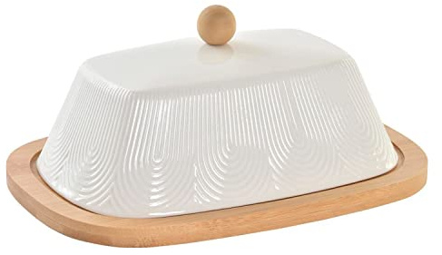 DKD Home Decor Mantequillera de la Marca, Color Blanco, de bambú y Porcelana (20,8 x 14,8 x 8,8 centímetros)
