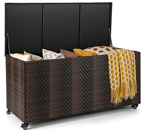 HAPPYGRILL Outdoor Rattan Deck Box, 96 Gallon PE Wicker Patio Storage Box with 4 Wheels and Liner, 2-in-1 Multifunctional Storage Box for Patio Furniture Cushions Garden Tools Pool Accessories