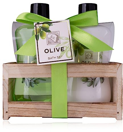 Accentra – Duschset Frauen Geschenkset OLIVE in schöner Holzbox – 2-teiliges Pflegeset mit Duschgel und Bodylotion – Wellness Geschenk Set zum Geburtstag, Valentinstag & Weihnachten