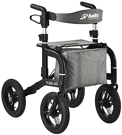 FabaCare Outdoor-Rollator mit Vollausstattung Feststellbremse, Leichtgewichtrollator Puma Air mit Luftbereifung, faltbar, abnehmbare Tasche, Rückengurt, Stockhalter, Getränkehalter, Farbe matt-schwarz