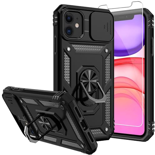 SKTGSLAMY Schutzhülle für iPhone 11, mit Displayschutzfolie und Kamera-Abdeckung, Militärqualität, 4,8 m, Fallgetestet, mit magnetischem Ständer, Schutzhülle für iPhone 11, 15,5 cm (6,1 Zoll), Schwarz