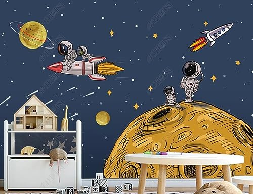 Fototapete 3D Effekt 3D Tapete Cartoon-Weltraum-Astronauten-Raumschiff-Kinderzimmer Blau Fototapete Wandgemälde Vlies Wohnzimmer Schlafzimmer Flur Wanddekoration 400(W) X280(H) Cm