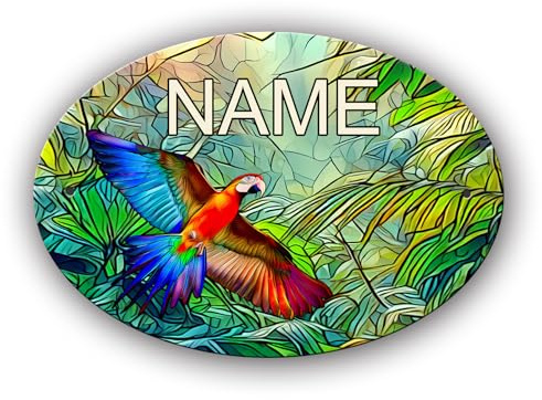 Maus-Design Türschild personalisiert mit Name und Schriftartwahl, Papagei | Kunststoff, Oval, 12,7 x 8,8 x 0,2 cm, 2 Bohrungen