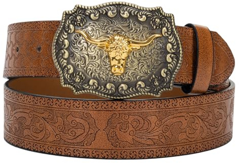 Eohak Western-Ledergürtel mit Cowboy-Schnalle für Herren und Damen, Jeans, gravierter Floraler Longhorn Bull Texas-Schnallengürtel (33–41 Zoll Taille)
