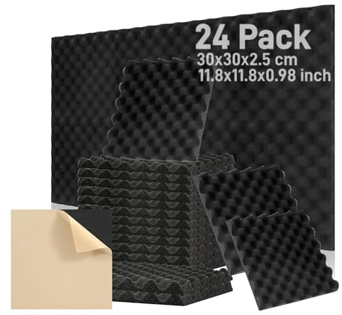 Fiqops 24 Stück Akustikschaumstoff Selbstklebend Akustikpaneele 30x30x2.5cm Schalldämmung wand Echo-Fliesen reduzieren,Schallschutz für Tonstudio,Gaming Deko,Podcasts, Schwarz Konkav