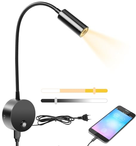 HOTUT Lampada da Lettura da Parete, Lampada da Lettura Sul Comodino a Collo di Cigno, Luce da Lettura da Comodino Dimmerabile, Applique da Lettura LED con Porta di Ricarica USB, 3000/4500/6000K