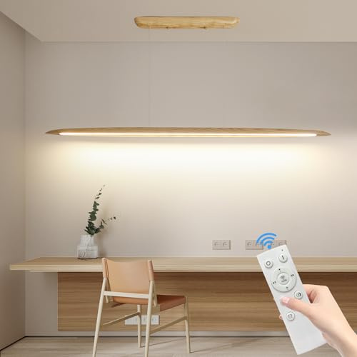 Mikeru Holzlineare Pendelleuchte, 130CM Naturholzfarbe Esstischinsel-Hängeleuchte, 3000-6500k Dimmbar Mit Fernbedienung, Für Esszimmer, Kücheninsel, Billardtisch, Einstellbare Seillänge 150CM