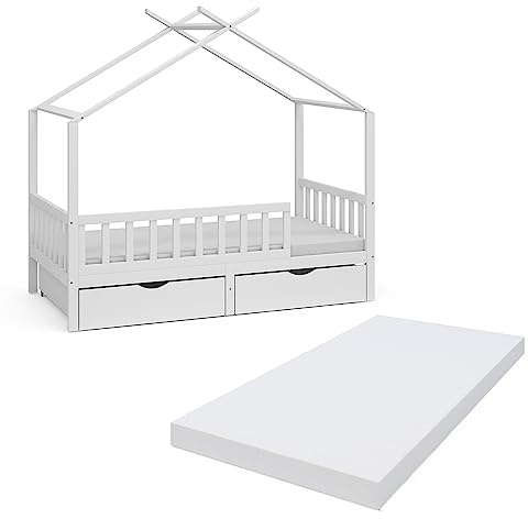 VitaliSpa Hausbett Franka, Weiß, 80x160 cm | mit 2 Schubladen und Matratze, geeignet für Matratzen bis 90x200 cm und kombinierbar