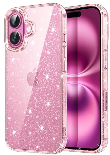 JETech Cover Glitter per iPhone 16, Rosa Confetto | Design con Glitter Brillante, Custodia Protezione Antiurto, Retro Trasparente, Stile Elegante