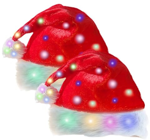 Sporgo 2 Stück LED Weihnachtsmütze, Erwachsene Nikolausmütze mit Leuchtendem, Plüsch Rote Santa Mütze Nikolaus Dicker Fellrand Weihnachtsmützen für Weihnachten Neujahr Partys Neujahrsgeschenk