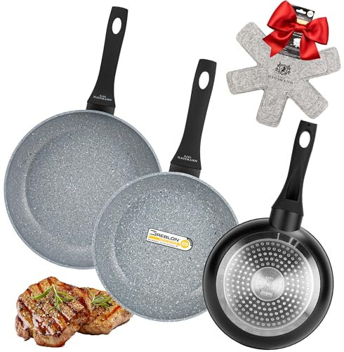 KARL HAUSMANN Lot de Poêles Induction 20+24+28 cm - Set de Poele Granit Antiadhésives pour Tous Types de Cuisinières - Poele Sans Teflon et Sans PFAS - Aluminium Léger - Poêle à Frire Anti adhesive
