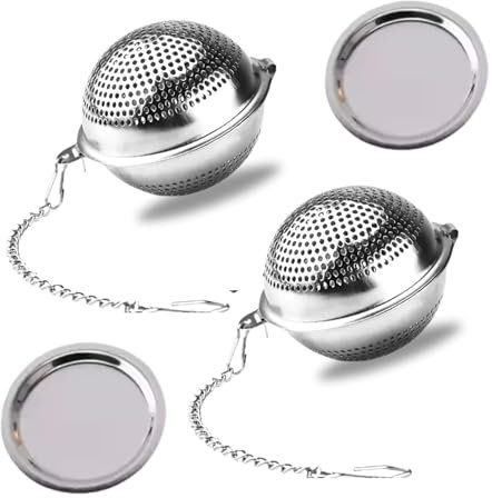 Bolas de té de acero inoxidable (juego de 2) | Infusor de té a granel de 5 cm | Platillos, cadena larga y gancho práctico | Filtro de té ideal para té, té de hierbas, especias