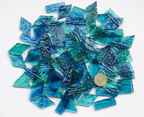 CHICSHIS 7.05oz Transparent Mosaic Glass Tiles, Large Stained Glass Pieces for DIY Mosaic Craft Supplies, 4 Shapes Mosaic Glass Tiles for DIY Mosiac Present, Pond Water Blue