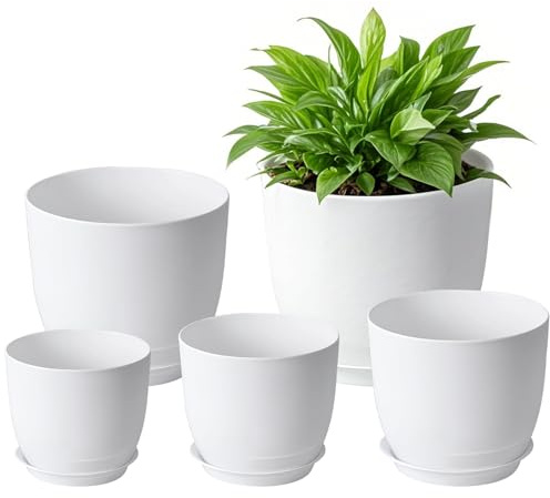 CHUENKUK Juego de 10 maceteros blancos, 5 tamaños, macetas de plástico con plato, 11,5/12,5/14/16/18 cm, macetas para plantas interiores y exteriores