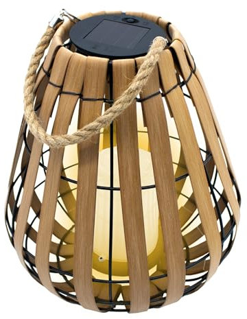 Lanterne solaire avec bougie LED en blanc chaud avec effet vacillant – 30 x 25 cm – Lampe de jardin aspect bois avec cordon en jute à suspendre – Éclairage décoratif de jardin Lampe solaire Lampe