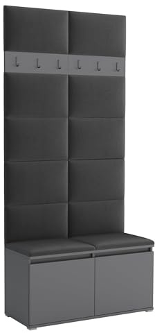 Brent - Garderobenschrank Flur Grau mit sitzbank 100 cm Breit Luton 1 - Multifunktionale Flurgarderobe Set mit Stauraum und Wandpaneel, Garderobe mit Sitzfläche und Kleiderhaken