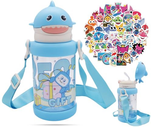 SYTTNUM Borraccia per Bambini con Cannuccia, Adesivi di Squalo,Shark Portatile Borraccia, per Palestra, Campeggio, Escursionismo, Borraccia Bambini Asilo (650ml)