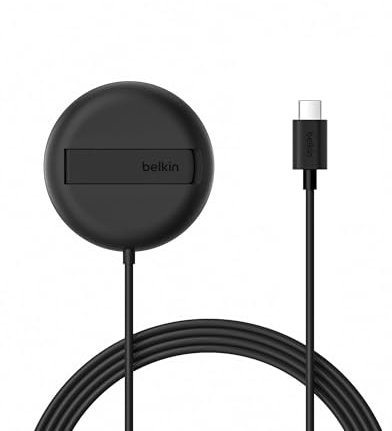 Belkin Tappetino di ricarica wireless magnetica 15 W con supporto, caricatore wireless Qi2 compatibile con MagSafe per iPhone 16 Series, Samsung Galaxy S25 Series, AirPods (senza alimentatore), nero