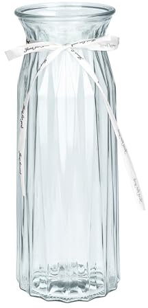 TSKDKIT Tall Glass Flower Vase with Ribbon, 29 x 10cm Decorative Clear Vase with Wide Opening for Tulips, Daffodils & Dried Flowers – Elegant Home Décor or Gift for Women