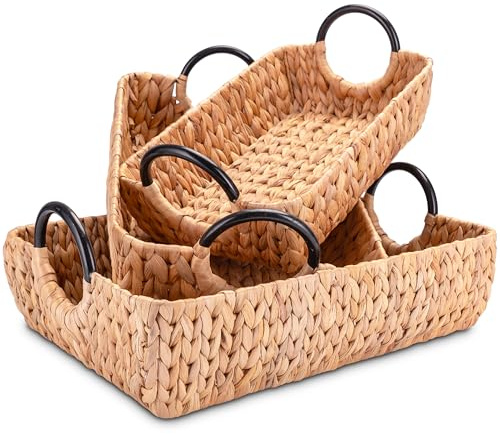 Decorasian 3er Set Serviertablett geflochten aus Wasserhyazinthe – Deko Tablett rechteckig mit Griffen - Natur Holztablett als Frühstückstablett oder Hockertablett