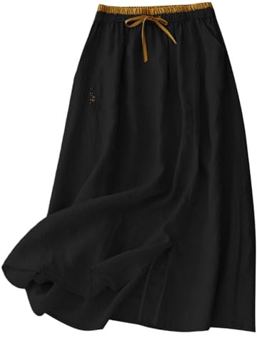 Black Women Cotton Linen Midi Skirts Casual Summer Drawstring Long Skirt UK Ladies Everyday Holiday Spring Summer Comfy Soft Vacation Work Party Skirts Solid Colorplain Lightweight Skirt Dress