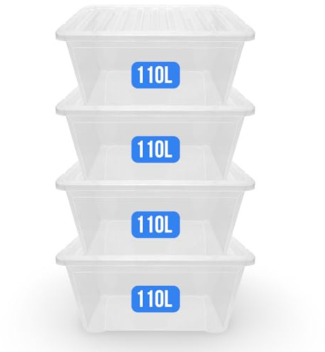KAPCO XL Storage Boxes with Lids – 110L (4 Pack) Extra-Large Plastic Totes | Ideal for Home Moving Boxes, Loft Organisation & Toy Storage | Reinforced, Dustproof, & Stackable Containers | 110 Litre
