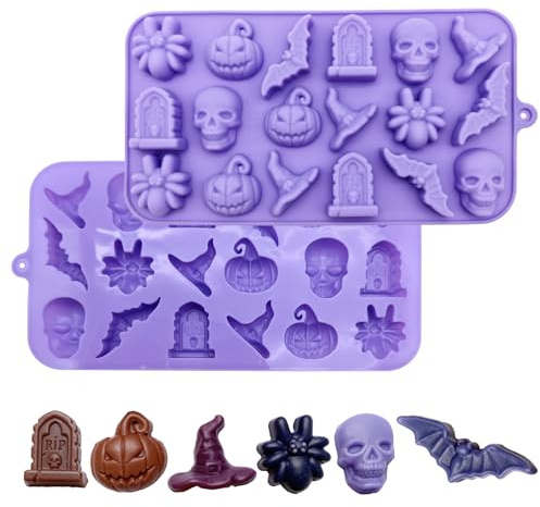 Moules à Chocolat en Silicone Halloween Lot de 2 Crâne Citrouille Fantôme Chauve Souris Chapeau de Sorcière Pierre Tombale Moules à Bonbons Antiadhésifs pour Chocolats Friandises Gelée